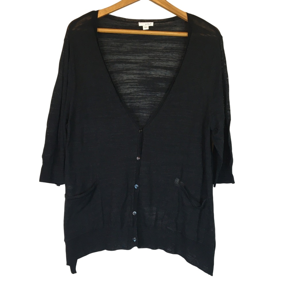 Pure Jill Black Lightweight Cardigan V Neck Button‎ Front 3/4 Sleeve Knit Size L